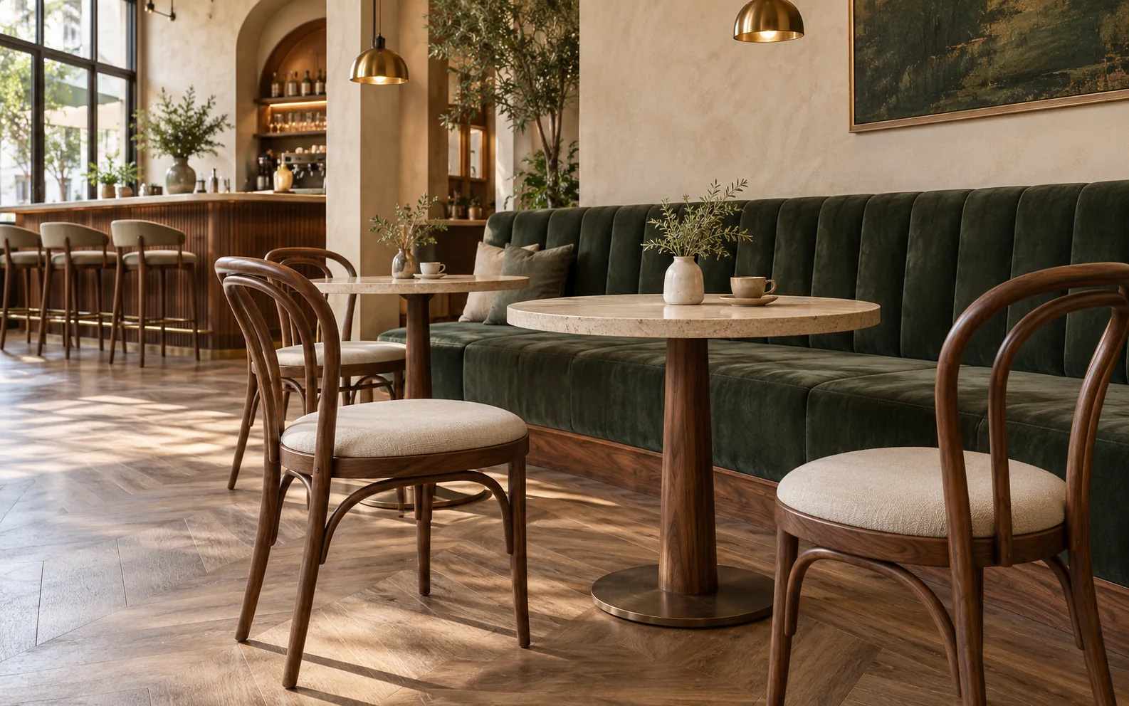 Ceviz cafe sandalyeleri, yuvarlak masalar ve yeşil bankla tasarlanmış konsept cafe