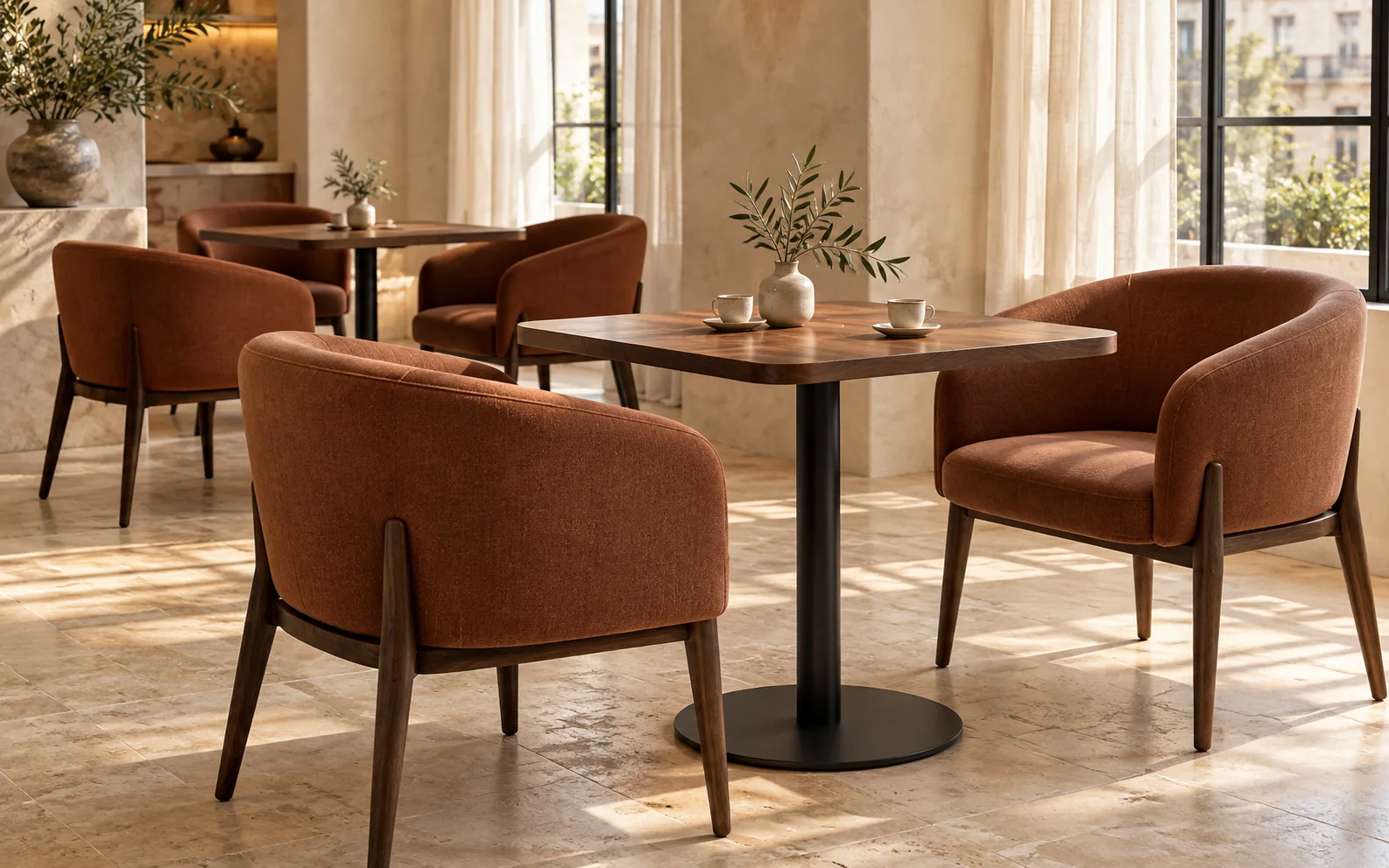 Açık tonlarda sakin bistro konsept mekânı