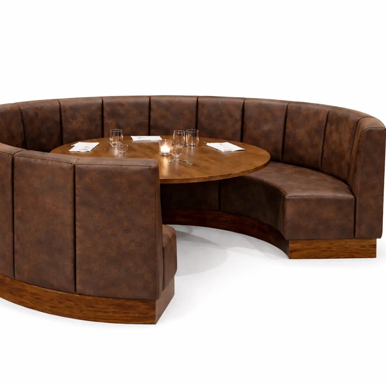 DİLİMLİ YUVARLAK LOCA KOLTUK AÇIK KAHVE CEVİZ AYAKLI RESTORAN OTURMA GRUBU