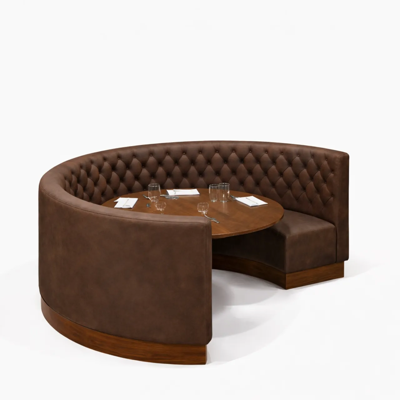 KAPİTONELİ YUVARLAK LOCA KOLTUK AÇIK KAHVE CEVİZ AYAKLI RESTORAN OTURMA GRUBU